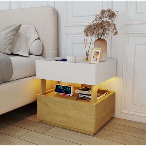 Comodino a 2 cassetti con LED regolabile e ricarica wireless, bianco e legno naturale DESVIAE (1/5)