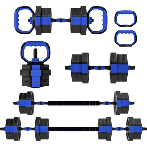 Ensemble d'haltères musculation 6-en-1 haltère réglable 20 kg kettlebell, barre de musculation support pour pompes bleu
