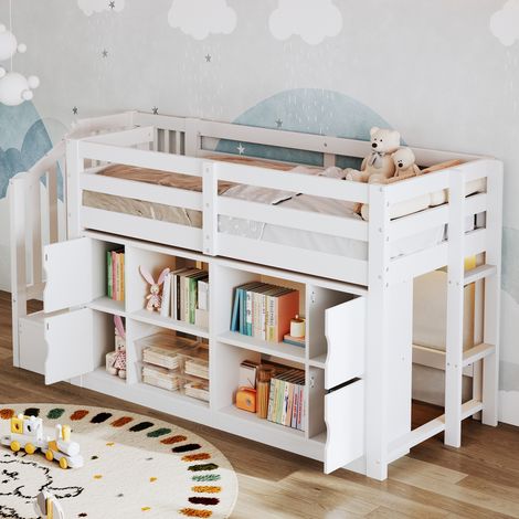 Lit 2 places 180x200 cm MDF et contreplaqué blanc, 7 tiroirs, LED, gain de place - CHICFURN (1/5)