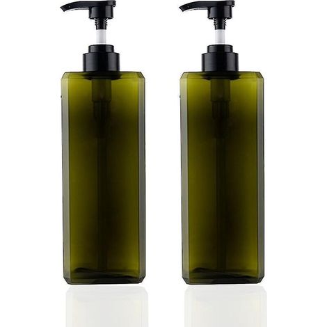 Set mit 2 leeren, nachfüllbaren quadratischen Kunststoff-Lotionspendern à 1000 ml für Seife, Lotion oder Shampoo, dunkelgrün. (1/5)