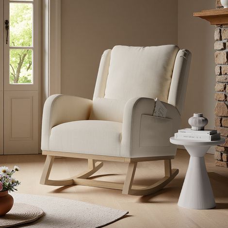 Fauteuil à Bascule en Lin Beige - Oreiller inclus - 93x68x96 cm -Moderne et épuré - Salon/Bureau/Coin lecture - Siège large (1/5)