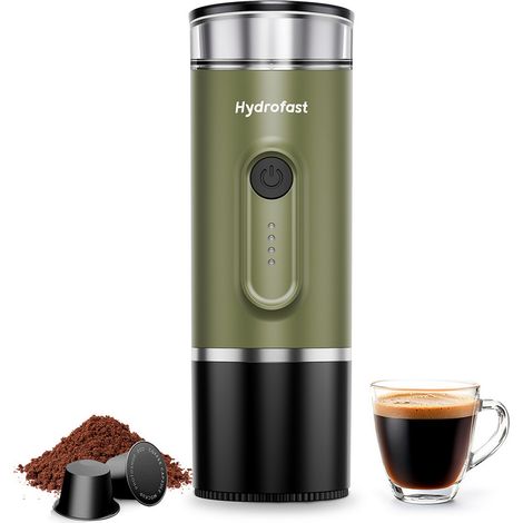 Tragbare elektrische Espressomaschine Hydrofast PO-100, 15 Bar, 7800mAh Akku, Schnellheizung, USB-C-kompatibel für gemahlenen Kaffee und Kapseln, 90ml, Armeegrün