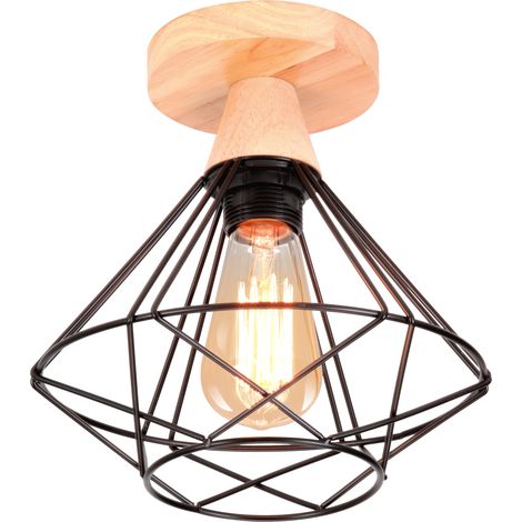 Industriell Metall Hölzern Deckenlampe Design in Rautenform Lüster E27 Kronleuchter für Wohnzimmer Korridor Flur Dachgeschoss Schwarz