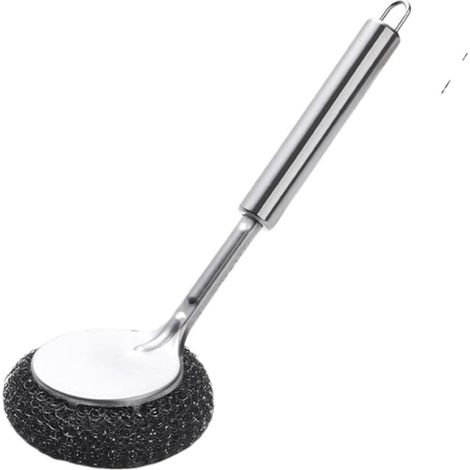 Spazzola per pentole in acciaio inox con manico lungo - Spazzola per la pulizia delle pentole - Spazzola decontaminante con manico a sfera in filo metallico - 1 manico lungo in acciaio inox + 1 testin (1/3)