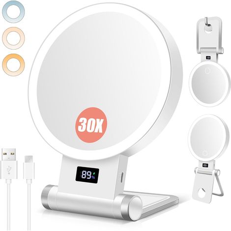 Miroir Maquilleur Lumineux 30X/1X, Support surélevé, Indicateur de Batterie, Double Face, 2000mAh, 3 Lumières Réglables, Pose Table/Mur, Pliable et Portable (1/5)