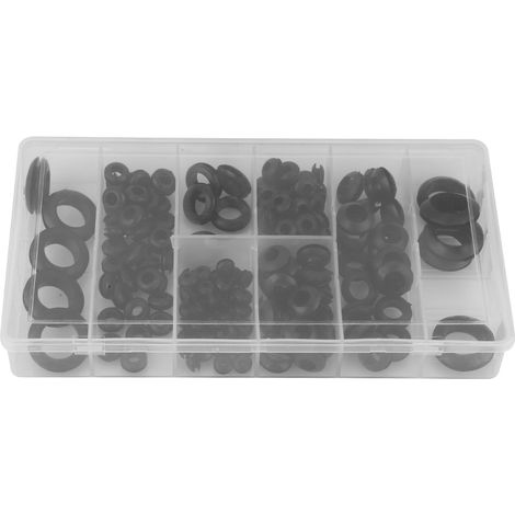 Boîte de 180 passe-câbles en caoutchouc, assortiment de 8 tailles, pour la protection des câbles et tuyaux. (1/5)