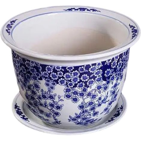 Pot de fleurs en porcelaine bleue et blanche avec soucoupe, grand pot en fer pour arbre, pot hydroponique pour balcon et jardinage. (1/5)