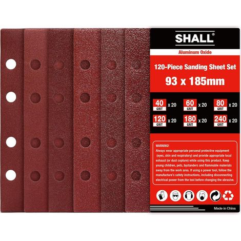 120pcs feuilles abrasives rectangulaires, papier de verre pour ponceuse 93x185mm 8 trous tampons de ponçage à crochet et boucle, grains assortis 40/60/80/120/180/240 (1/5)