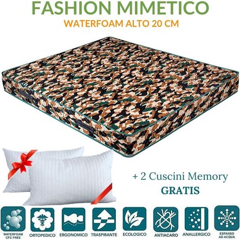 EVERGREENWEB - Materasso Matrimoniale 140x190 in Waterfoam Alto 20 cm con COPPIA CUSCINI Memory Foam  ORTOPEDICO Rivestimento Effetto MASSAGIANTE Tessuto Antiacaro per Reti o Letti, FASHION MIMETICO (1/5)