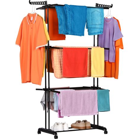 Etendoir Linge Interieur-Exterieur Pliable à 4 Niveaux - 6 Plateaux Rétractables + 2 Ailes Latérales avec Support pour Cintres + Porte-Chaussures, roulettes 360°, Couleur Noir (19m de Linge) (1/5)