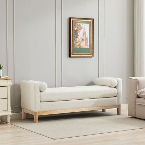 Belle banquette capitonnée à pieds bois avec 2 coussins, pouf & chaise longue pour bout de lit, salon, chambre, entrée, IVOIRE