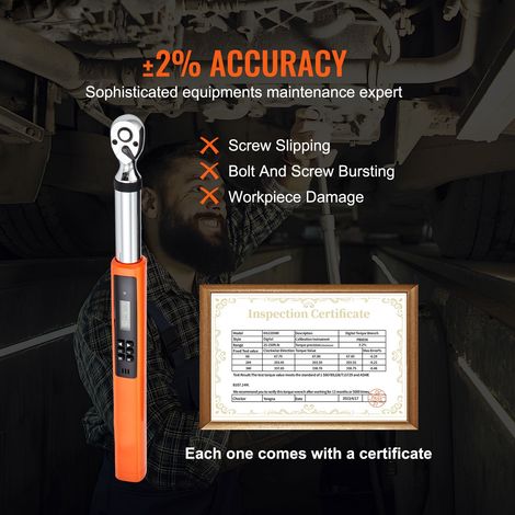 Clé dynamométrique numérique 9.5 mm, clé à couple électronique 3/8", 5-50 Nm ±2%, set 3 modes LED vibrations certificat étalonnage (1/5)