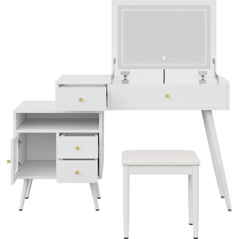 Coiffeuse multifonction blanche avec miroir LED réglable et tabouret, 120 x 77,5 x 50 cm (1/5)