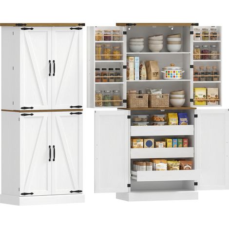 Buffet haut cuisine, armoire de cuisine, 4 portes, 3 tiroirs, 8 porte-racks et étagères réglables, 76x40x182cm, blanc (1/5)
