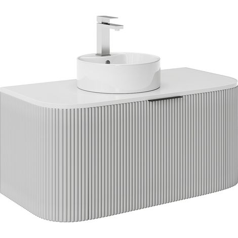 Meuble de salle de bain suspendu strié avec vasque à poser et robinet - Blanc mat - 100 cm - LOMERI (1/4)