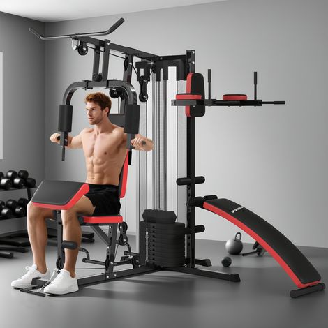 Station Multi Gym avec Poids de 65 kg. Équipement de Musculation avec Banc pour Abdominaux. Noir et Rouge