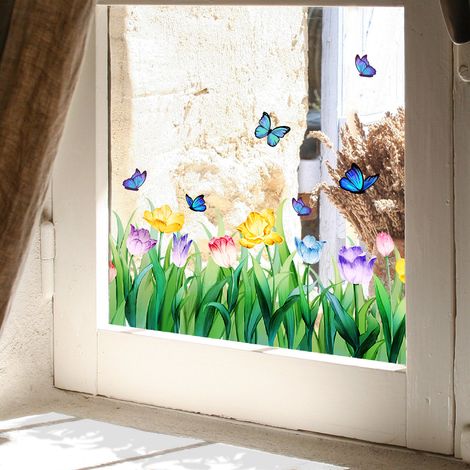 Lntyq Fensteraufkleber mit farbenfrohem Blumenstrauß-Muster, wiederverwendbar, abnehmbar, doppelseitig, für die Dekoration des Home Office (1/5)