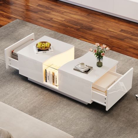 Mesa centro LED con 2 cajones MDF 100x50x35 cm OKMYHOME (1/5)