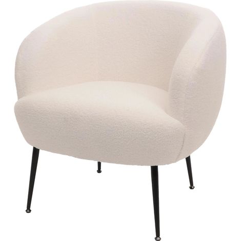 Poltrona lounge con schienale avvolgente e design arrotondato in tessuto bouclé bianco con gambe in metallo 040009485