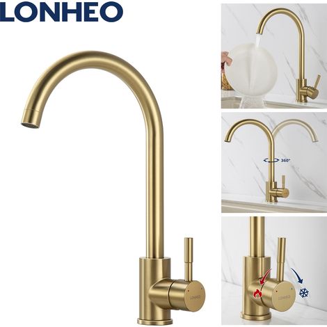 Lonheo Grifo de cocina de Acero inoxidable Dorado, Grifo Cocina Giratorio a 360° Grifo de Fregadero con Aireador desmontable, Monomando Grifería de Mezclador para Agua caliente y fría, U-Forma (1/5)