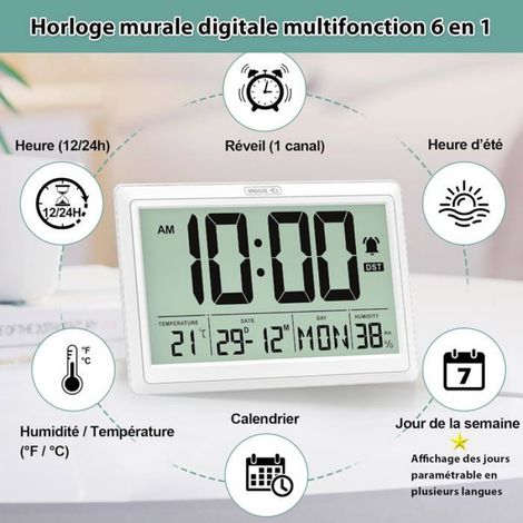 Horloge Murale - Ecran LCD 19,4 x 10,4 cm - Affichage Heure Date Jour Température Humidité - Format 12h/24h - Alimentation Piles - Pour Maison Bureau (1/5)