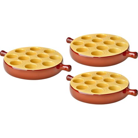 Lot de 3 poêlons à escargots 12 Trous en porcelaine plat cuisson pour escargots avec poignée ,passe au four et lave-vaisselle - 18 x 3,2 cm