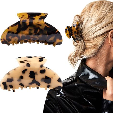 Lot de 2 pinces à cheveux banane, barrettes en celluloïd à motif écaille de tortue, style français, imprimé léopard. Grands accessoires de mode pour femmes et filles. (1/3)