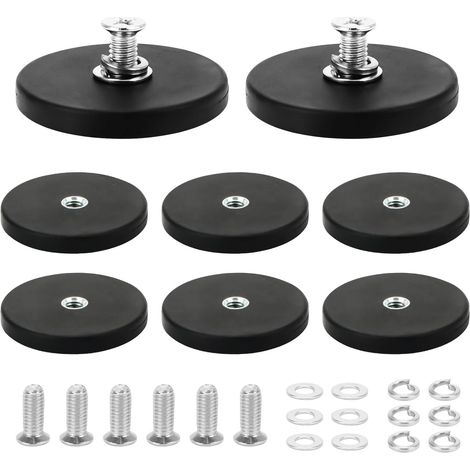 Lot de 8 aimants en néodyme antidérapants en néodyme caoutchoutés 43 mm avec vis M4, socle de montage 15 kg, force d'adhérence pour vis, œillet ou crochet (1/5)