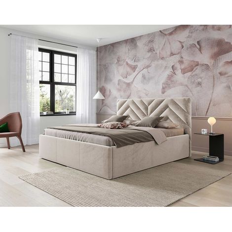 Bestmobilier – Lit coffre 180x200 cm – Sommier inclus – Velours beige – Coffre de rangement – Structure en bois épicéa – Tête de lit haute géométrique