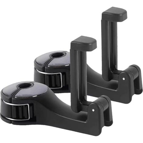 Ganchos para bolsos de coche - Paquete de 2 ganchos para reposacabezas con soporte para teléfono - Ganchos 2 en 1 para asientos de coche para colgar bolsos, bolsas de la compra y carteras (negro) (1/4)