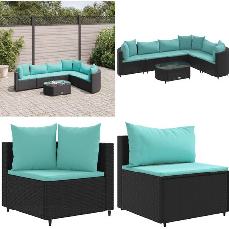 7-tlg. Garten-Sofagarnitur mit Kissen Schwarz Poly Rattan - Gartengestelle - Gartenmöbelset - PE-Rattan Möbel - Outdoor Sofa - Lounge Set - Home & Living (1/5)