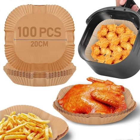 Papier sulfurisé carré pour friteuse à air chaud 20 cm XL, 100 feuilles de papier sulfurisé jetables pour friteuse à air chaud, feuilles de papier sulfurisé antiadhésives et imperméables. (1/5)