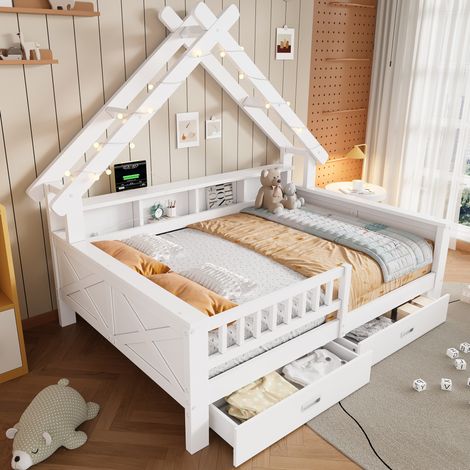Cama cabaña infantil 140x200 cm con LED, estantes, 2 cajones y barandilla de seguridad, madera blanca (1/5)