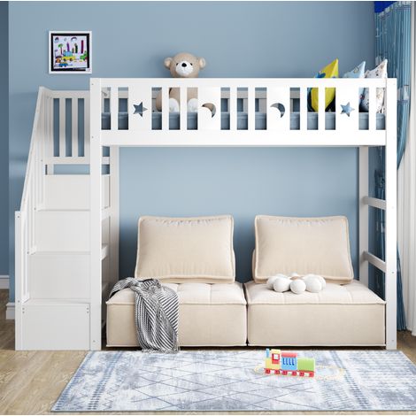DESVIAE Lit mezzanine enfant avec escalier rangements et espace canapé 90 x 200 cm en bois massif blanc avec barrières de sécurité décor étoile et lune (1/4)
