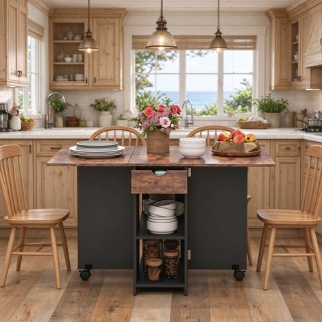 Design Brun Rustique Table à Manger Pliante Extensible 2 Rabats avec Rangement pour Petite Cuisine (1/5)
