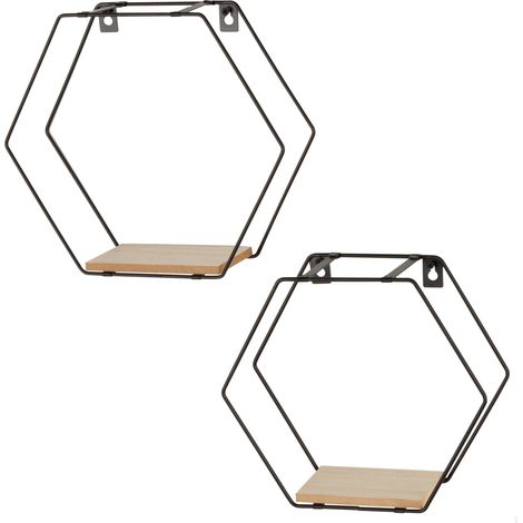 Lot de 2 étagères murales, Capacité de Charge Max 4 kg, Hexagonal, Décoratif, Étagère en Bois, Cadre en métal, Noir, Design Moderne pour Salon, Chambre à Coucher (18473) (1/5)