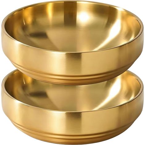 Lot de 2 Saladiers 1700 ml, Bol Mélangeurs à Double Paroi en Acier Inoxydable, Isolés Thermiquement et Anti-brûlure, Ø 23 cm, Bol Robuste pour Salade, Fruits, Snacks, Doré (1/5)