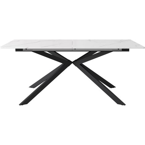 Table à manger extensible rectangulaire avec plateau aspect marbre noir et blanc, pieds croisés, L150/180 x P70 x H76 cm (1/5)