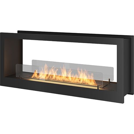 Cheminée bioéthanol murale encastrable double face noire – Verre de protection 4mm – Brûleur 80cm 1,5L – Puissance 6 kW/h – Dimensions 1200x500x250mm
