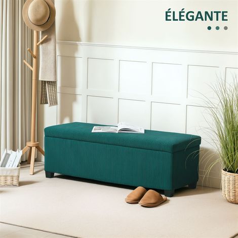 Banc rangement bout de lit velours côtelé couvercle salon chambre entrée 112x42x40 cm vert