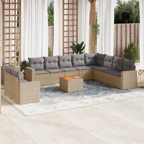 Salon de jardin en résine tressée beige 10 places avec coussins gris et table acacia Ensemble modulaire 9 pièces Canapé, fauteuil d'angle, table basse (1/3)