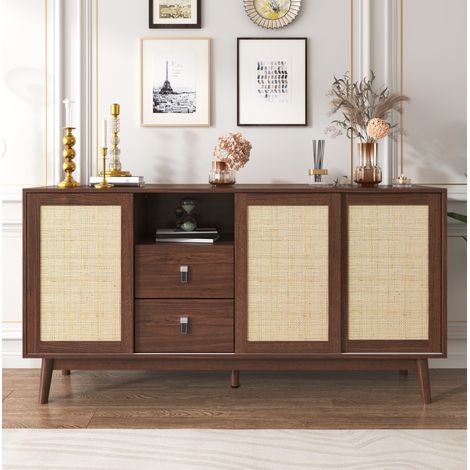 Credenza 155x38x80 cm legno scuro in MDF e pannelli truciolari con rattan, 3 ante scorrevoli e 2 cassetti (1/5)