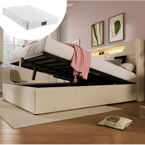 Bett Doppelbett Stauraum 160x200 Leinen LED USB OKMYHOME
