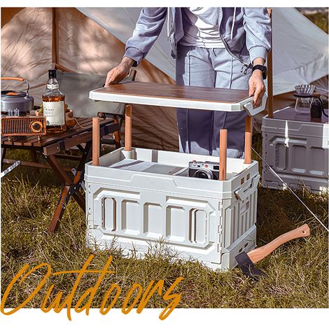 Große, faltbare Aufbewahrungsbox für Camping, mit drei Fächern, Holzdeckel, ideal fürs Auto, grün/weiß (1/4)