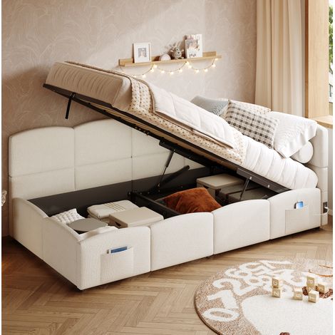 Stauraumbett 90x200 cm beige aus Bouclé mit hydraulischem Stauraum, USB-A/C und integrierter Matratzenstruktur (1/5)