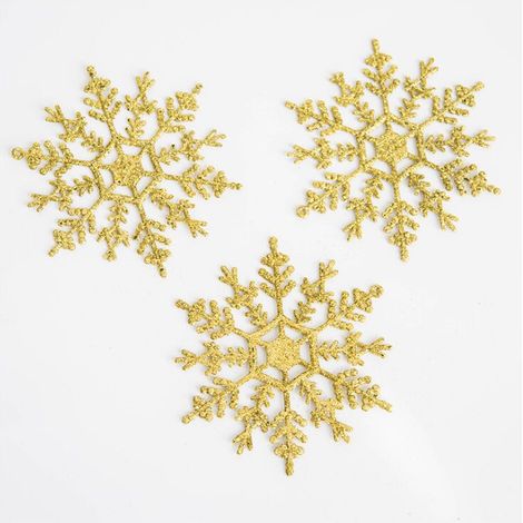 Lot de 3 flocons de neige à paillettes dorés 12 cm, pendentif pour sapin de Noël – DELKEVIC