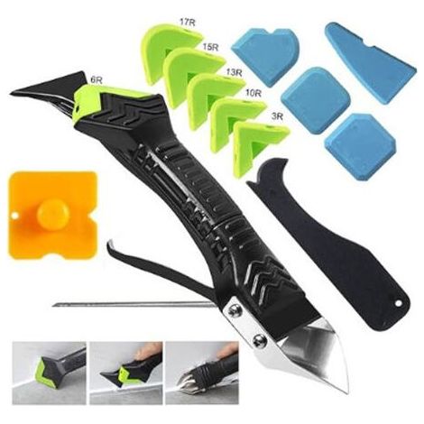 Kit de 5 pièces pour enlever le mastic, comprenant un dissolvant pour mastic silicone, un lisseur de silicone et un grattoir à mastic. (1/5)