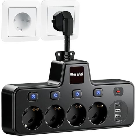 Multiprise avec USB, adaptateur 8 en 1 avec interrupteur unique, veilleuse tactile, 4 prises avec 2 types C et 2 ports USB, pour la maison, le bureau et les voyages (noir) (1/5)