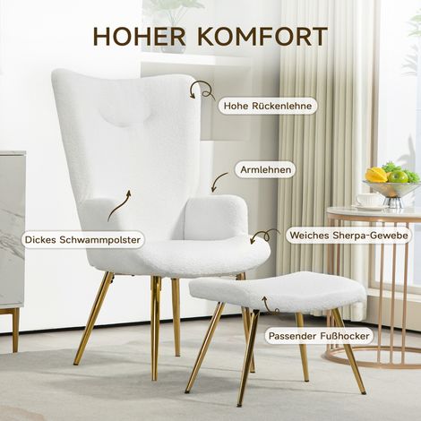 Fauteuil lounge sherpa blanc avec repose-pieds, dossier haut, piètement métal doré, charge max 120 kg