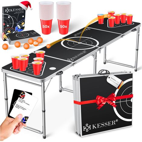 KESSER® Cerveza Pong Juego de mesa con juego de cartas Juego de beber - incl. 100 vasos (50 rojo y 50 azul)  6 bolas + Reglas Juegos de Fiesta Mesa ajustable en altura  Clásico (1/5)